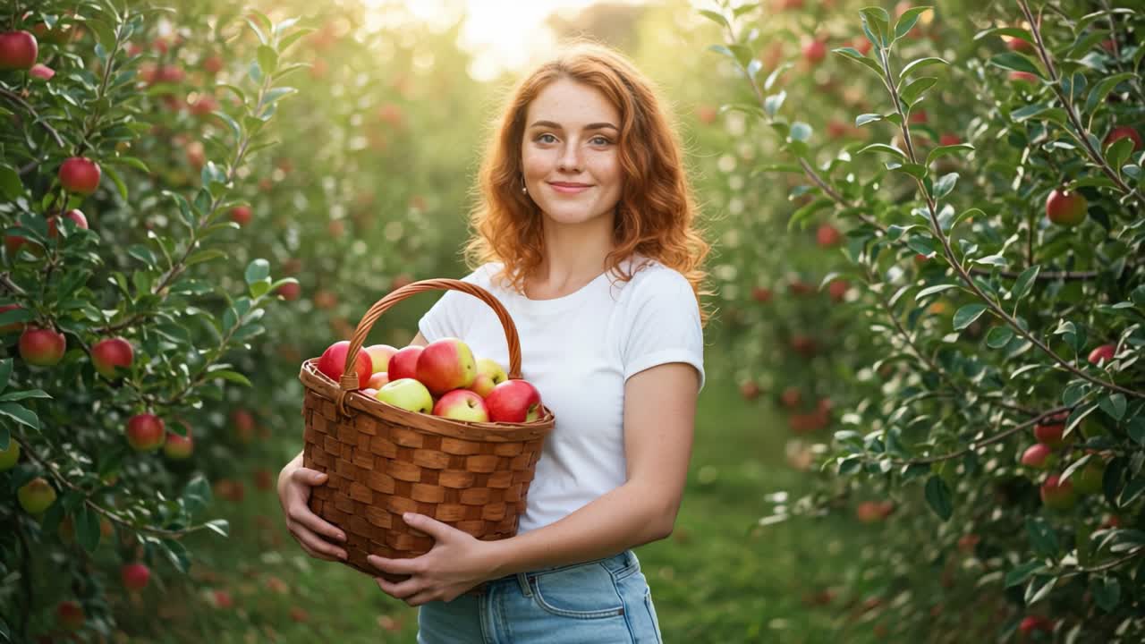 A Young Woman Joyfully Enjoying a Bountiful Harvest of Fresh Apples in a Lush Orchard, Embracing Nature's Abundance with a Bright Smile and a Basket Full of Fruit