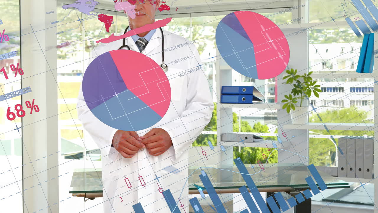 male doctor analyzing patient data in medical office, displaying animated pie charts and bar graphs