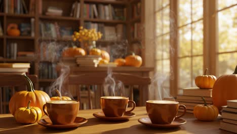a cozy autumn scene featuring steaming coffee cups and pumpkins: embracing the warmth of fall in a sunlit library setting