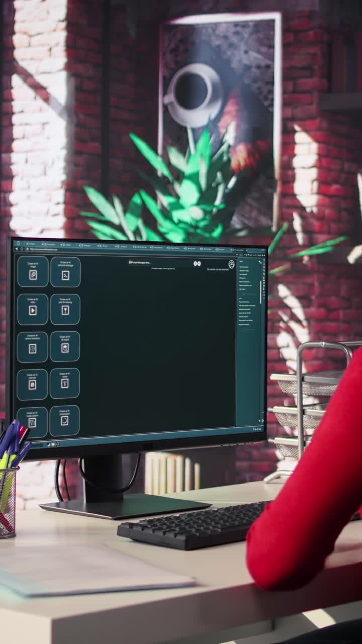 Vertical Video Woman typing on a computer and chatting with an AI assistant