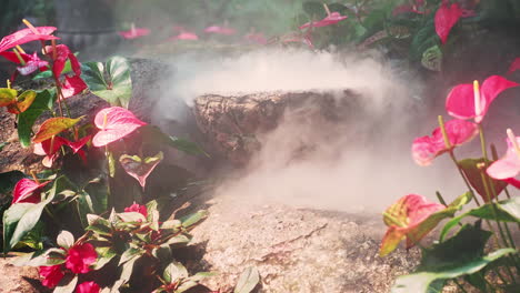 Cuenco-De-Piedra-Humeante-En-Rocalla-De-Jardín-Asiático-Con-Anturios-En-Flor