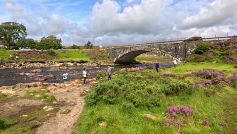several people walk beside a rocky stream under a stone bridge, surrounded by lush greenery and wildflowers, with bright daylight and steady camera movement
