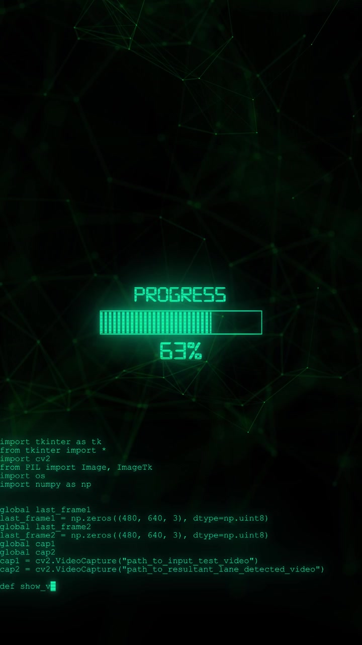 Green progress loading code background glowing bar network nodes script text and dark digital depth