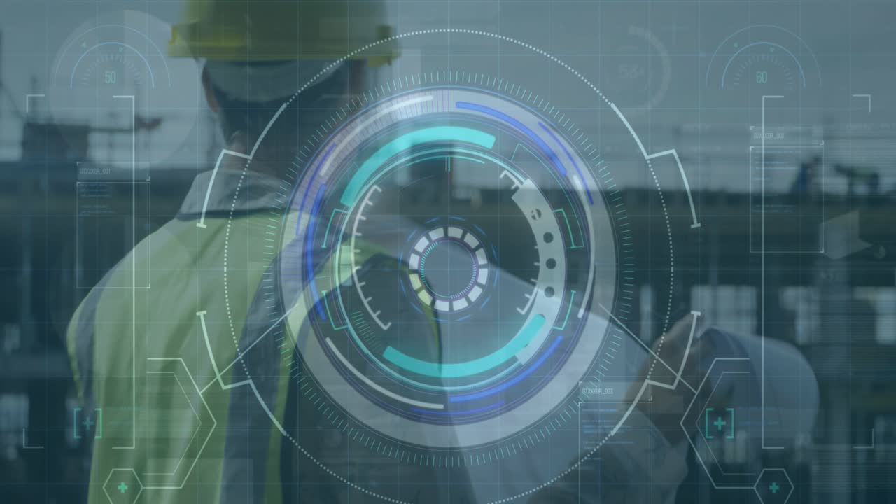 Animación de escaneo con procesamiento de datos sobre un trabajador caucásico.