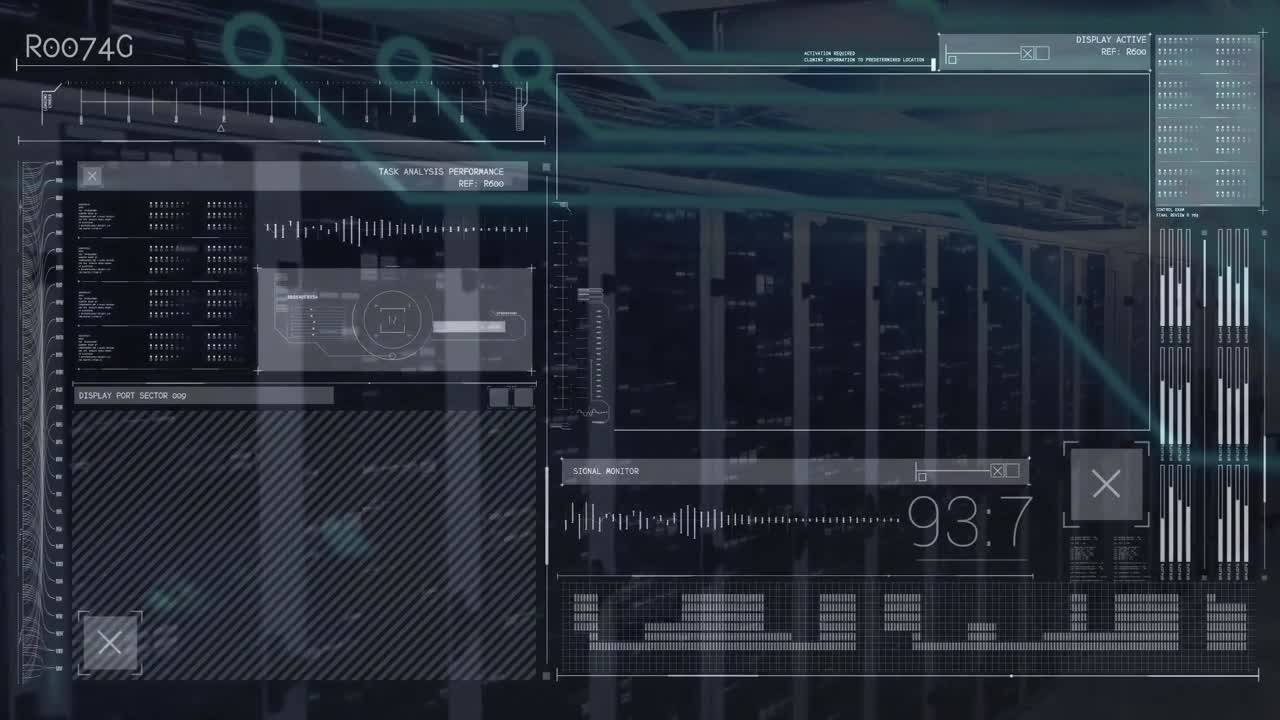 Animation of data processing on black screen over servers
