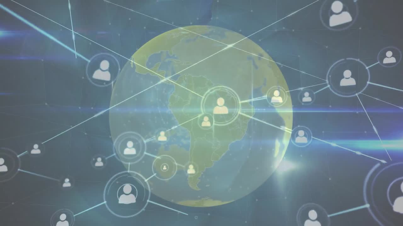 파란색 배경에 대한 지구상에서 프로필 아이콘과 빛의 흔적의 네트워크의 애니메이션