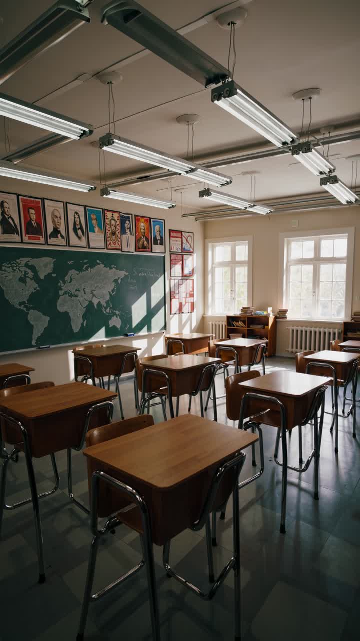 A video still of an empty classroom from a low angle, featuring wooden desks, a world map