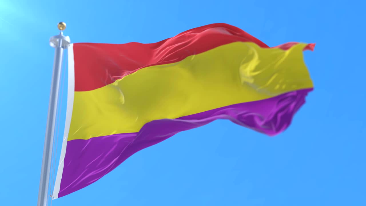 bandera de la república de españa ondeando al viento con cielo azul, bucle