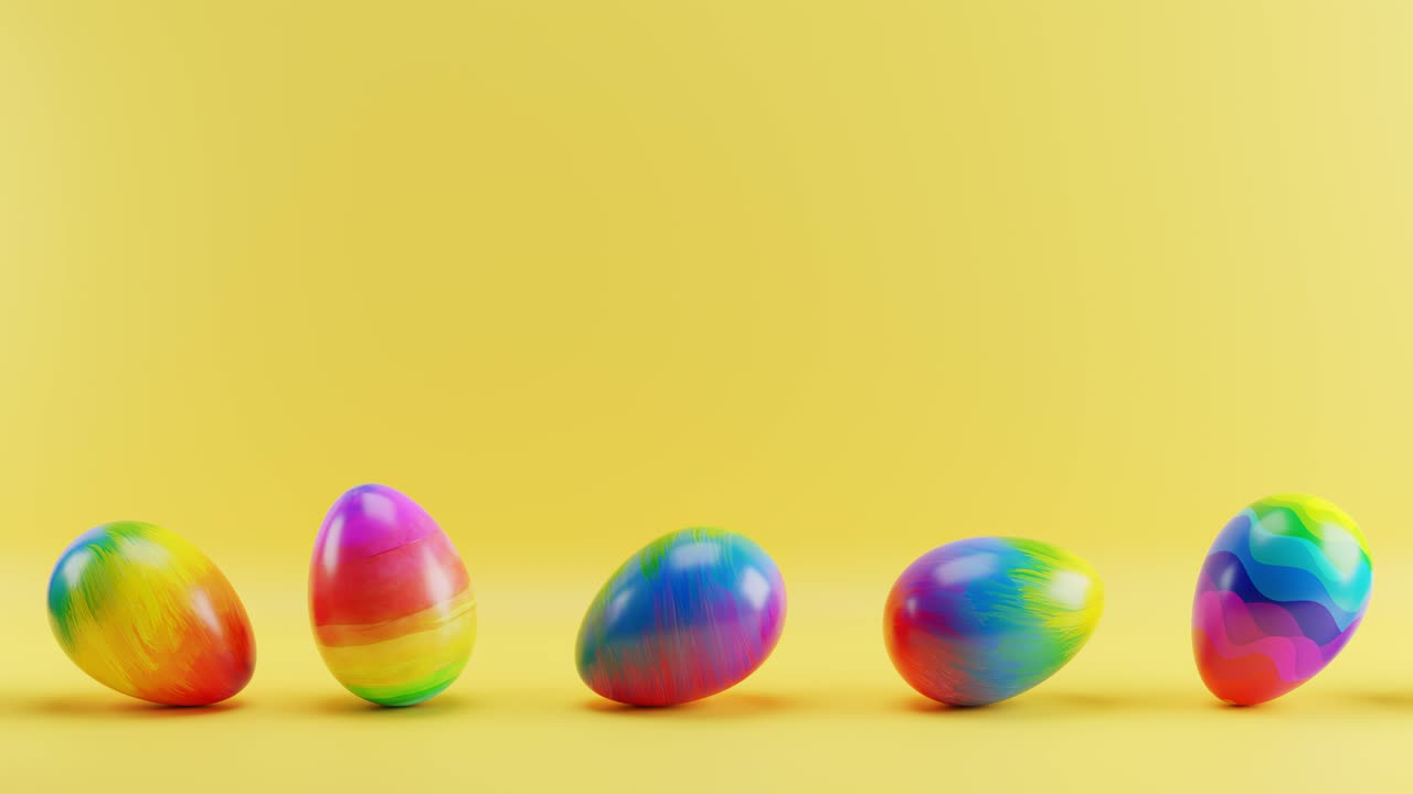 Huevos de Pascua multicolores rodando sobre un fondo amarillo. Animación en bucle.
