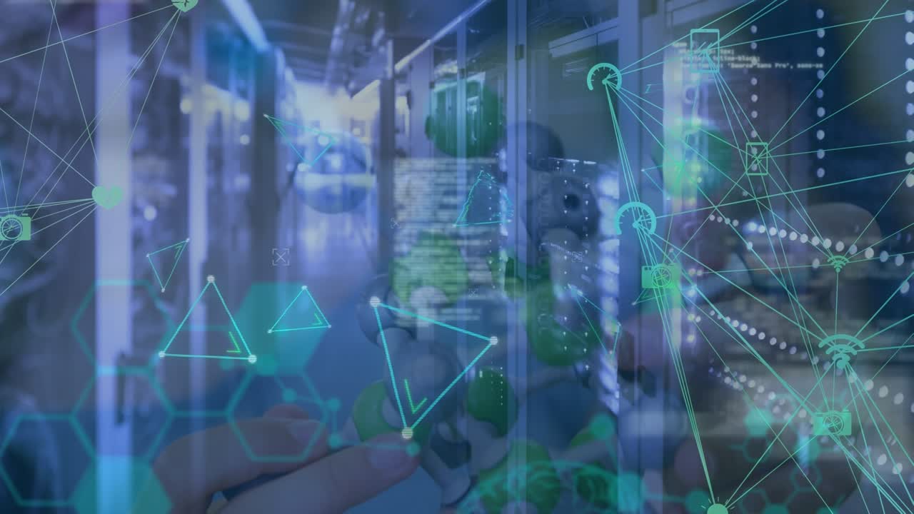 Animation of female scientist and data processing over server room