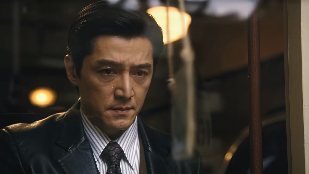 Adjusting Asian store owner removing 'Closed' sign behind glass door opening shop in suit and tie