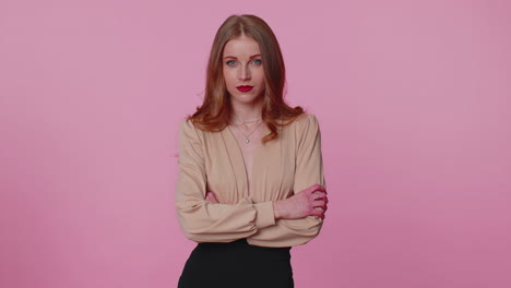 displeased businesswoman gesturing hands with irritation, displeasure, blaming scolding for failure