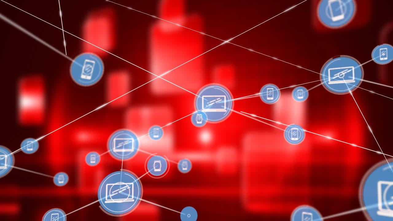 animación de la red de conexiones con iconos sobre formas sobre fondo rojo