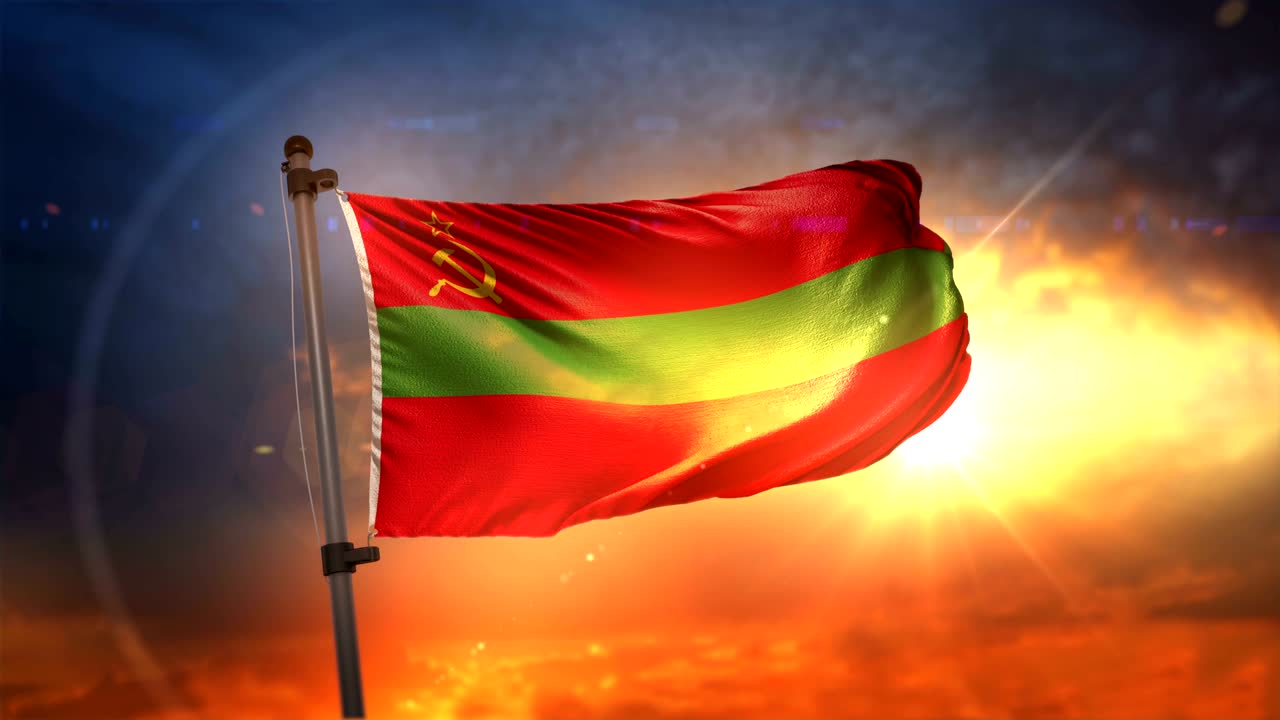 la bandera de transnistria retroiluminada en un hermoso ciclo de amanecer en cámara lenta 4k