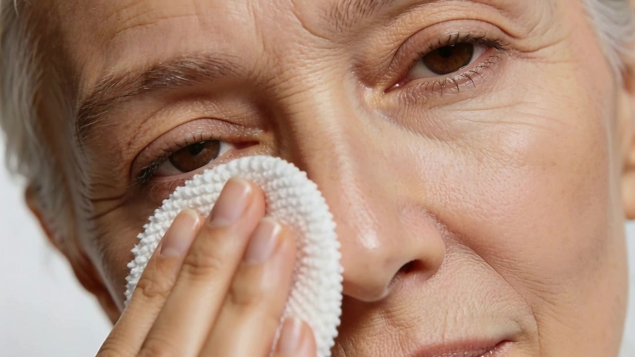 Pressing white pad, senior woman gently wiping right cheek and under-eye in studio, removing makeup