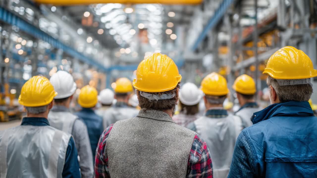 A Group of Workers Wearing Yellow Safety Helmets Observing the Manufacturing Facility from the Entrance, Engaged in a Safety Briefing in a Large Industrial Setting