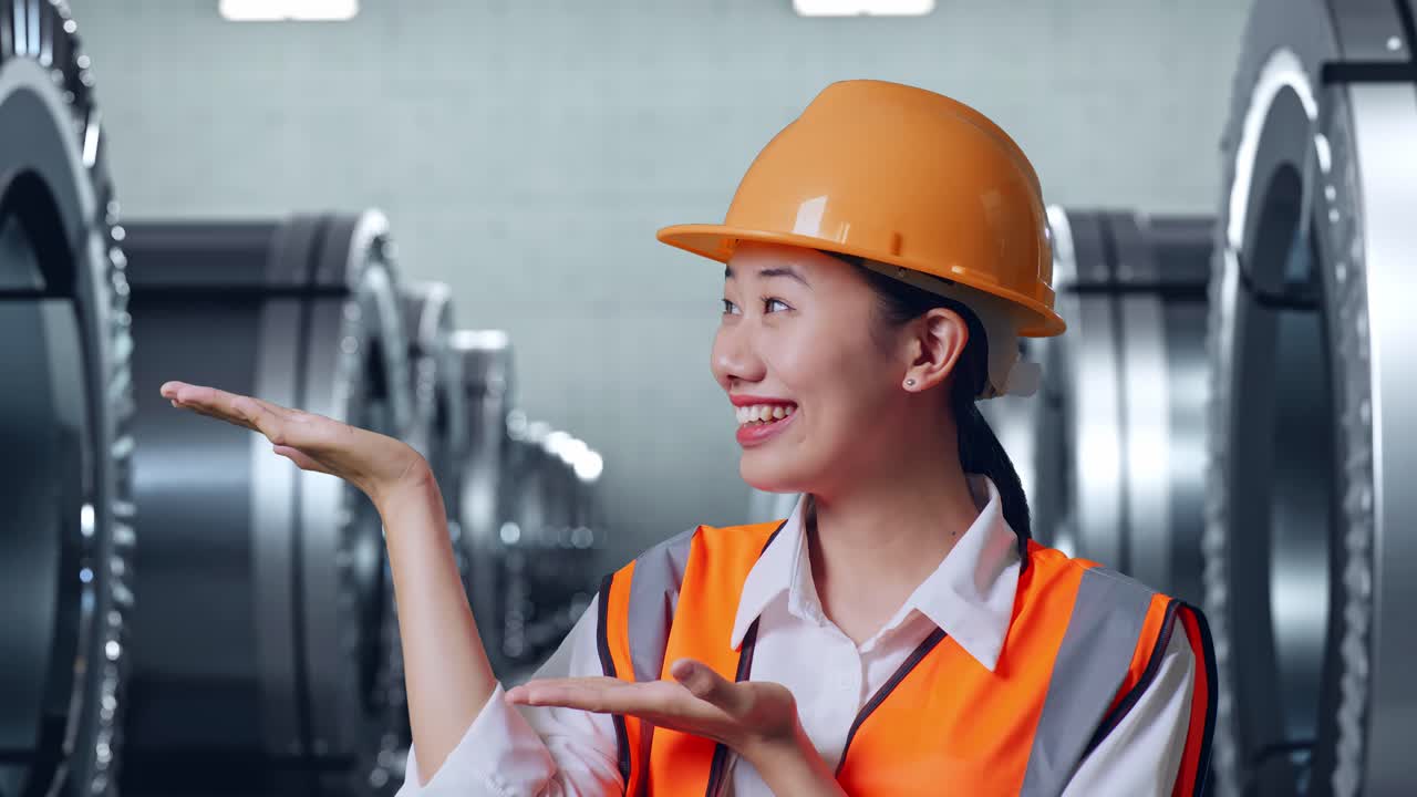 안전 헬을 입은 아시아 여성 엔지니어가 금속 공장에서 서서 웃고 을 가리키고 있습니다.