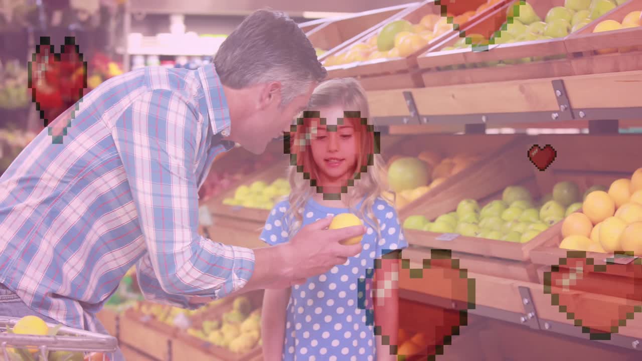 레몬을 들고 있는 딸과 함께 백인 아버지 위에 있는 심장 아이콘의 애니메이션