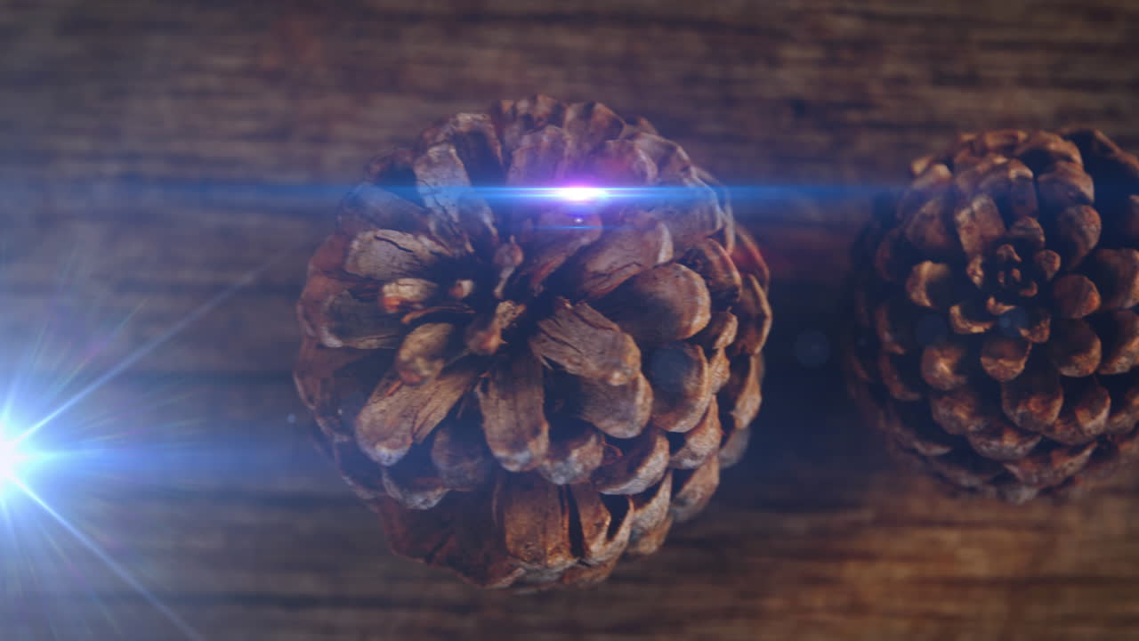 Animation of glowing lights moving over fir tree cones christmas decorations