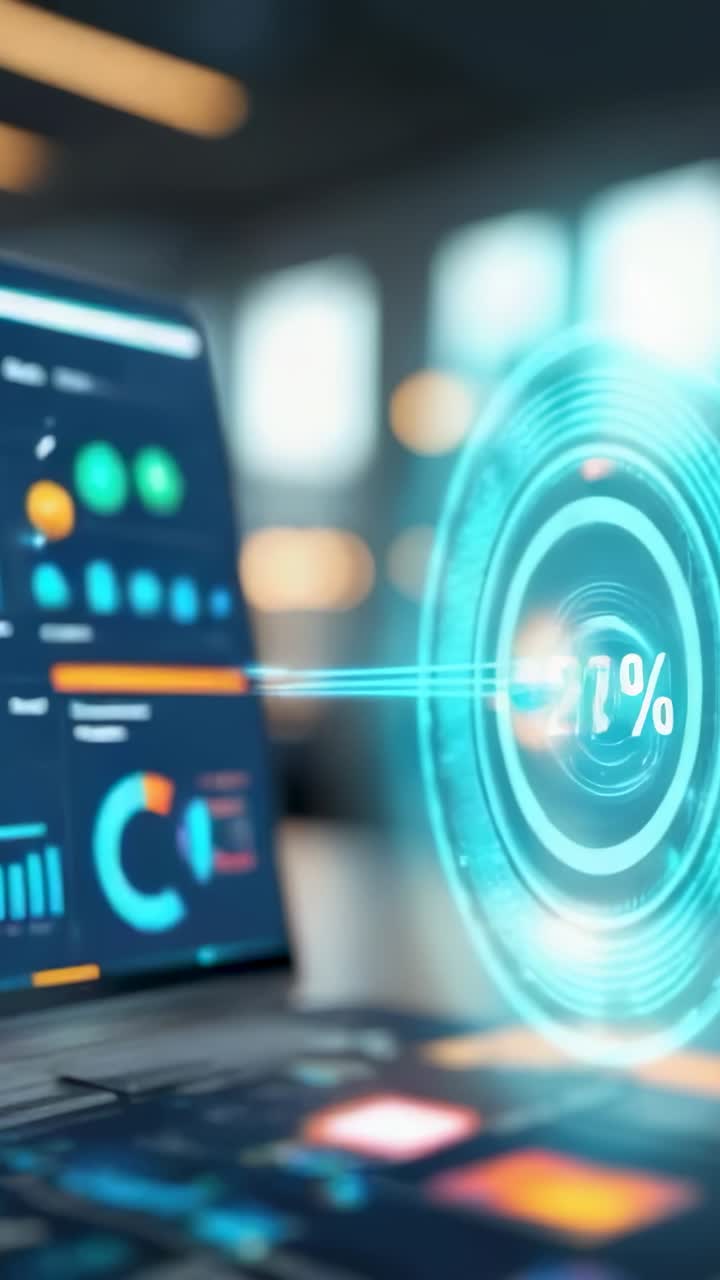 Vertical video: Loading dashboard driving translucent gauge rising to 20% in office via light beams