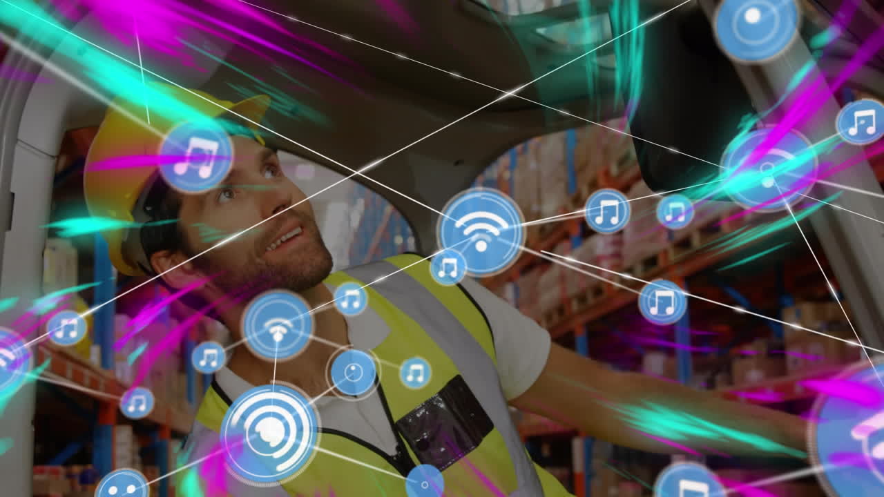 창고에서 일하는 사람 위의 아이콘과 연결 네트워크의 애니메이션