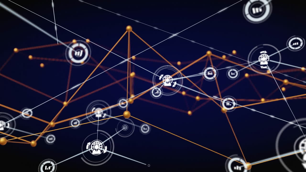Network of connections and data processing animation over dark background