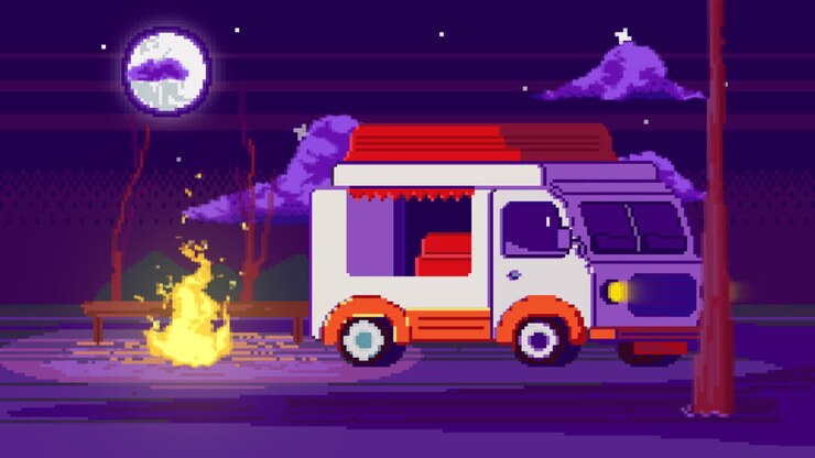 Nighttime Pixel Art Scene with Food Truck and Fire