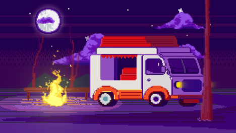 nighttime pixel art scene with food truck and fire