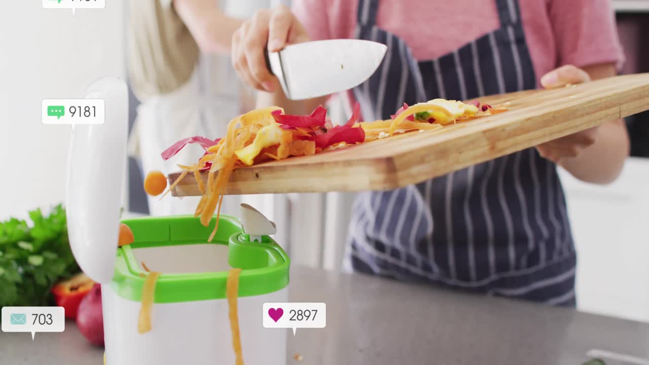 Donna che spinge bucce di carota in un bidone per il compost da cucina, durante una lezione di ecologia, con icone ecologiche fluttuanti.