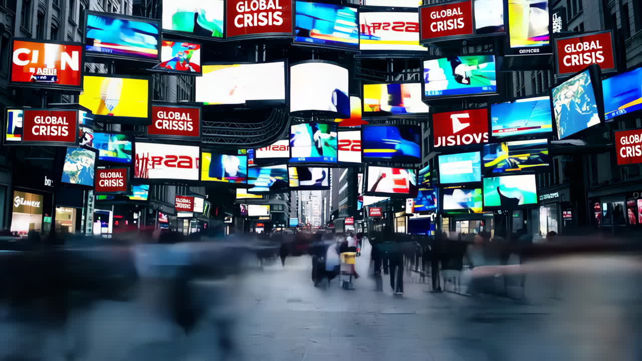 Global News Crisis on Billboards in a Busy City