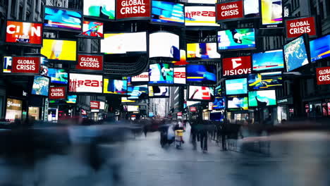 global news crisis on billboards in a busy city