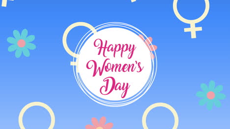 happy womens day lettering animation with flowers and female gender symbols