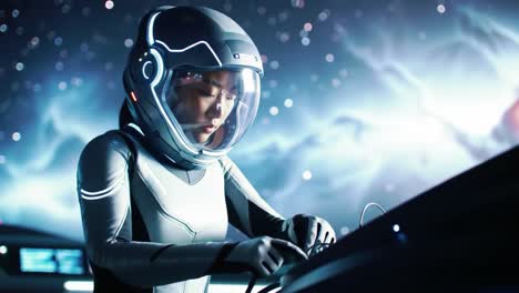 female astronaut in spacesuit operating a control panel in space