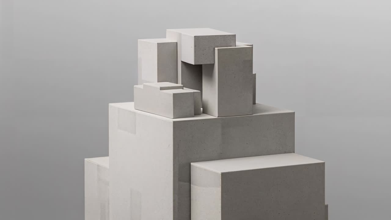 Shifting camera right, tilting upward in studio, revealing stacked blocks' depth and texture
