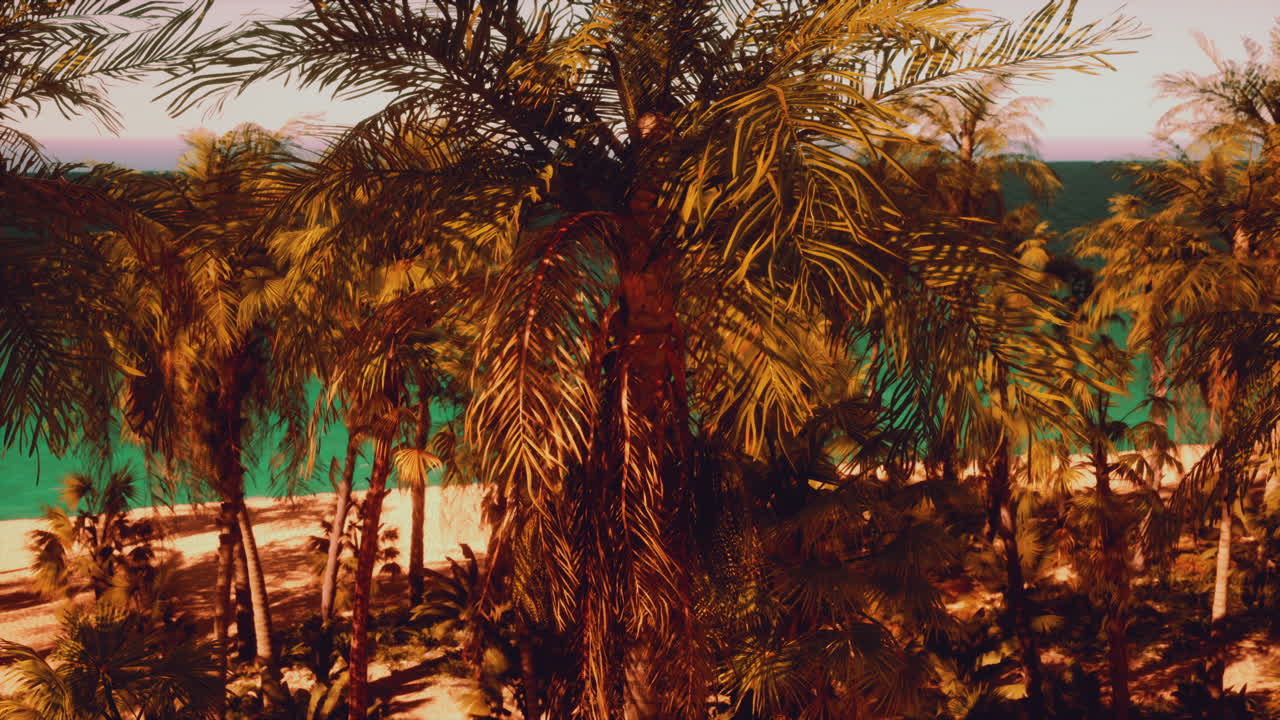 열대적 인 낙원: 나무 가 인 해변 에서 해 가 지는 것