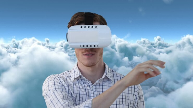 Animazione di un uomo con visore VR sopra le nuvole.