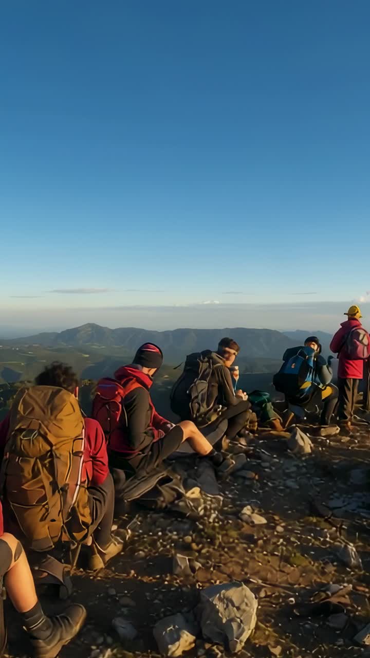Video verticale: panoramica su escursionisti in giacca che si riposano sulla vetta, modificano gli zaini e ammirano il panorama