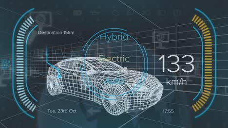 Animación-De-Dibujo-De-Coche-En-3D,-Conexiones-Y-Procesamiento-De-Datos.