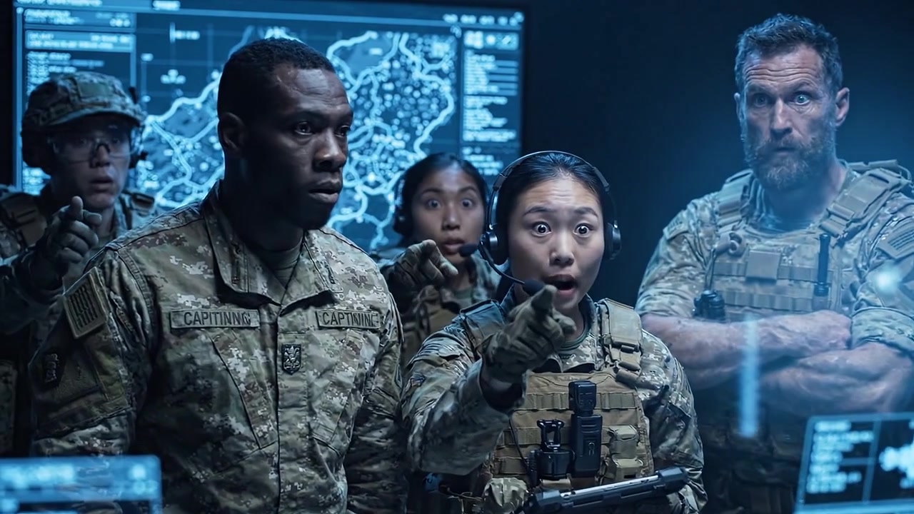 Un Centro di Comando Militare Strategico: Ufficiali Analizzano Dati e Coordinate in una Sala Operativa ad Alta Tecnologia Tra Display Tattici Avanzati