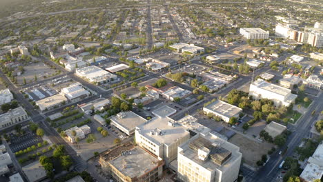 aerial view of a sprawling city or town with grid streets and buildings