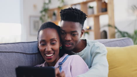 Tablet,-black-couple-and-happy-in-home