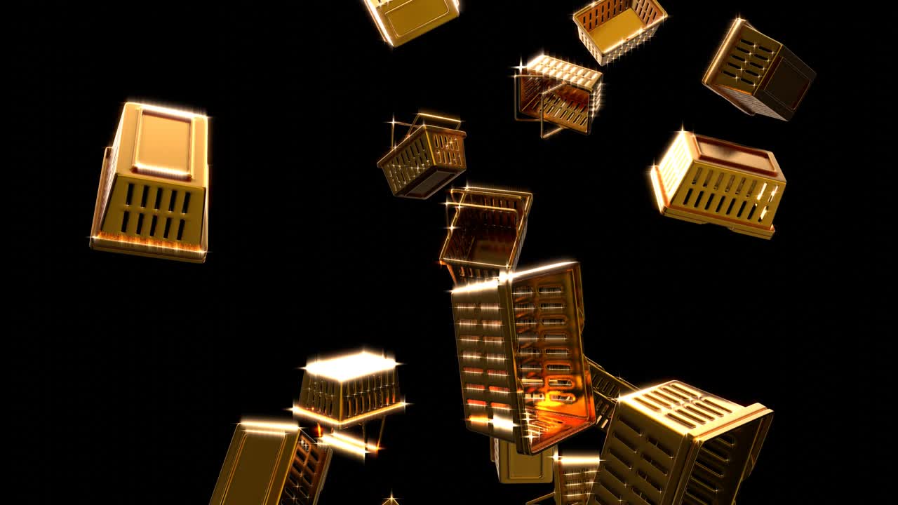 Shining gold shopping baskets on black background.