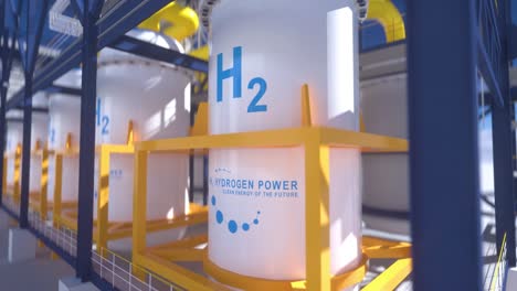 hydrogen renewable energy production - hydrogen gas for clean electricity solar and windturbine facility. 3d rendering.