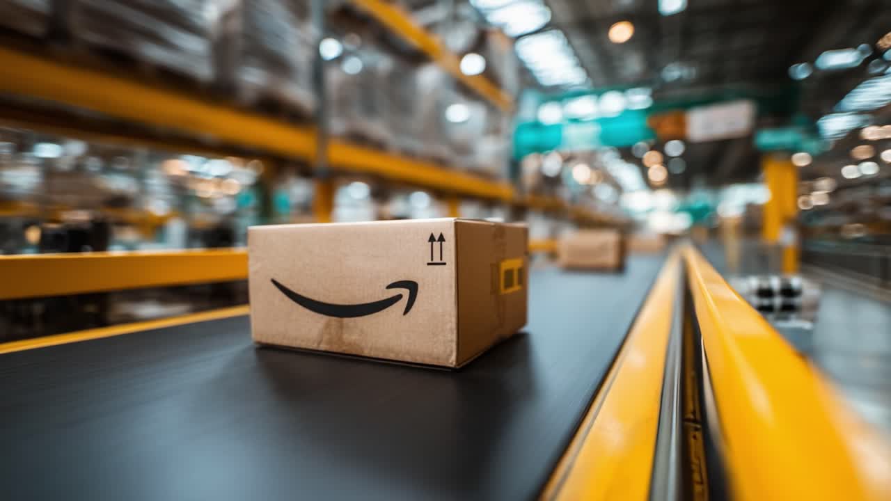 Efficient Warehouse Operations: A Sequence of Automated Sorting and Delivery in a Modern Distribution Center Featuring Shipping Packages on a Conveyor Belt