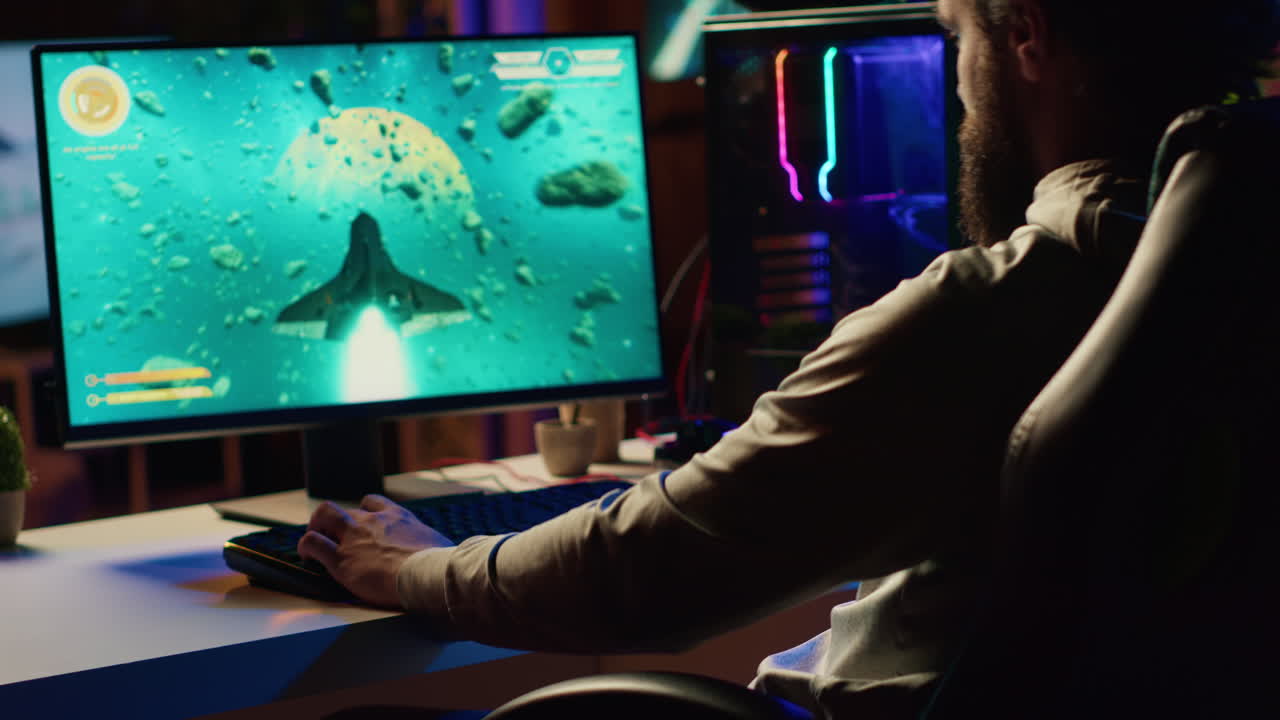 집에 도착한 남자는 우주선 비행 싱글 플레이어 게임에서 소행성을 아 휴식을 취할 준비가 되어 있습니다.