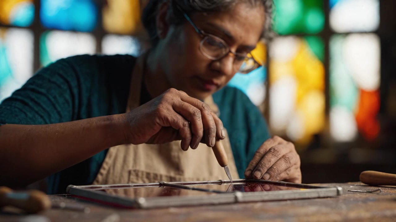 Artisan Crafting Stained Glass: A Skilled Crafter Focused on Precision and Detail in Every Step of Her Stained Glass Creation Process in a Colorful Workshop