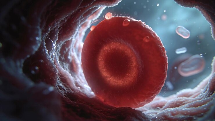 Drifting red blood cell rotating inside small vessel lumen, pulsatile flow pushing past platelets