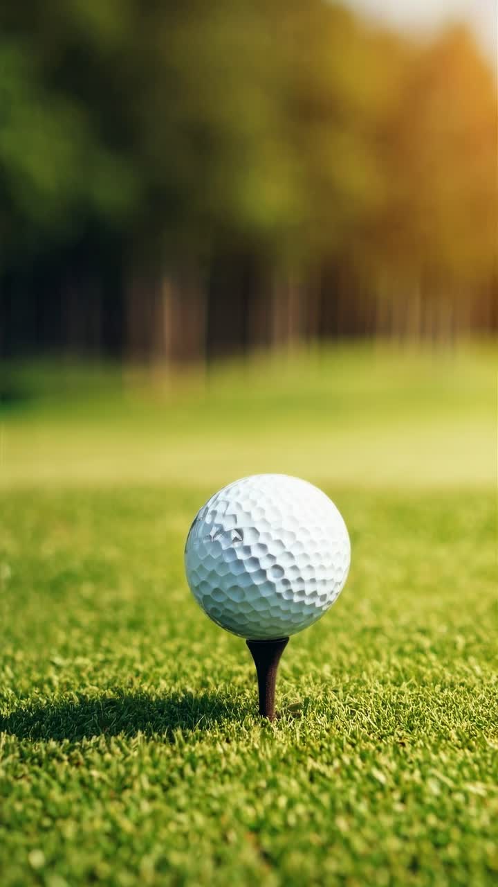 Primo piano, foto dal basso di una pallina da golf su un tee, con sfondo verde sfocato