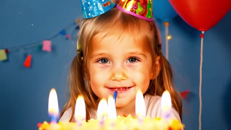 joven con sombrero de fiesta apaga las velas en el pastel de cumpleaños con globos de colores y decoraciones festivas. primer plano del momento alegre en la celebración de los niños