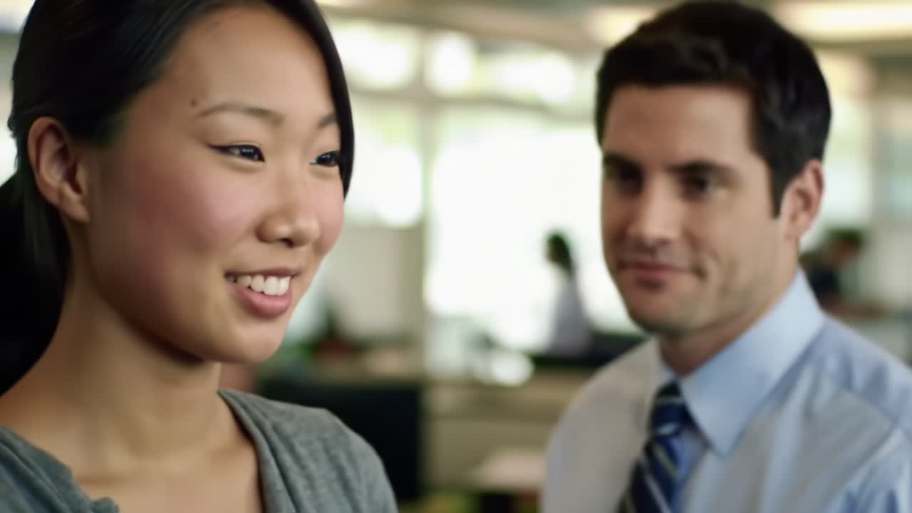 A casual conversation unfolds between a woman and a man in a contemporary office space with bright lighting. Colleagues share ideas and laughter during their workday.